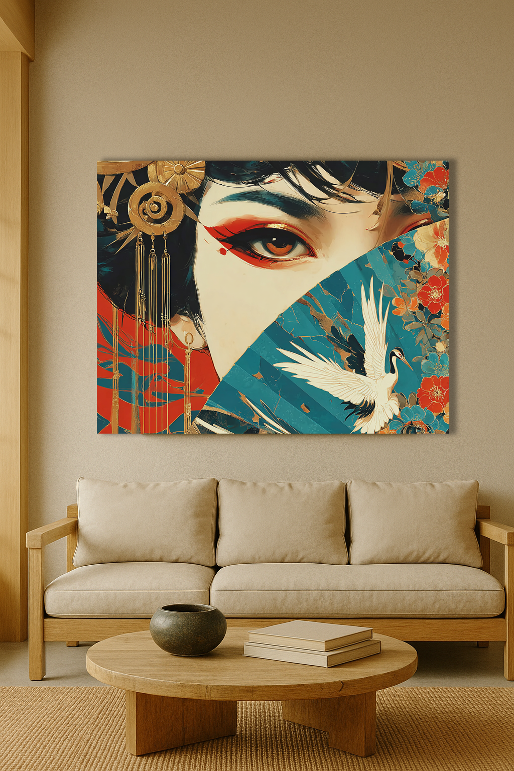Golden Gaze – Geisha with Fan & Crane Canvas Wall Art