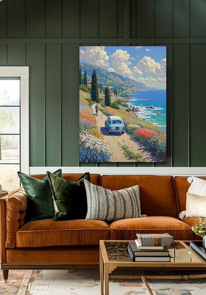 Coastal Journey – Vintage Car by the Sea Canvas Wall Art