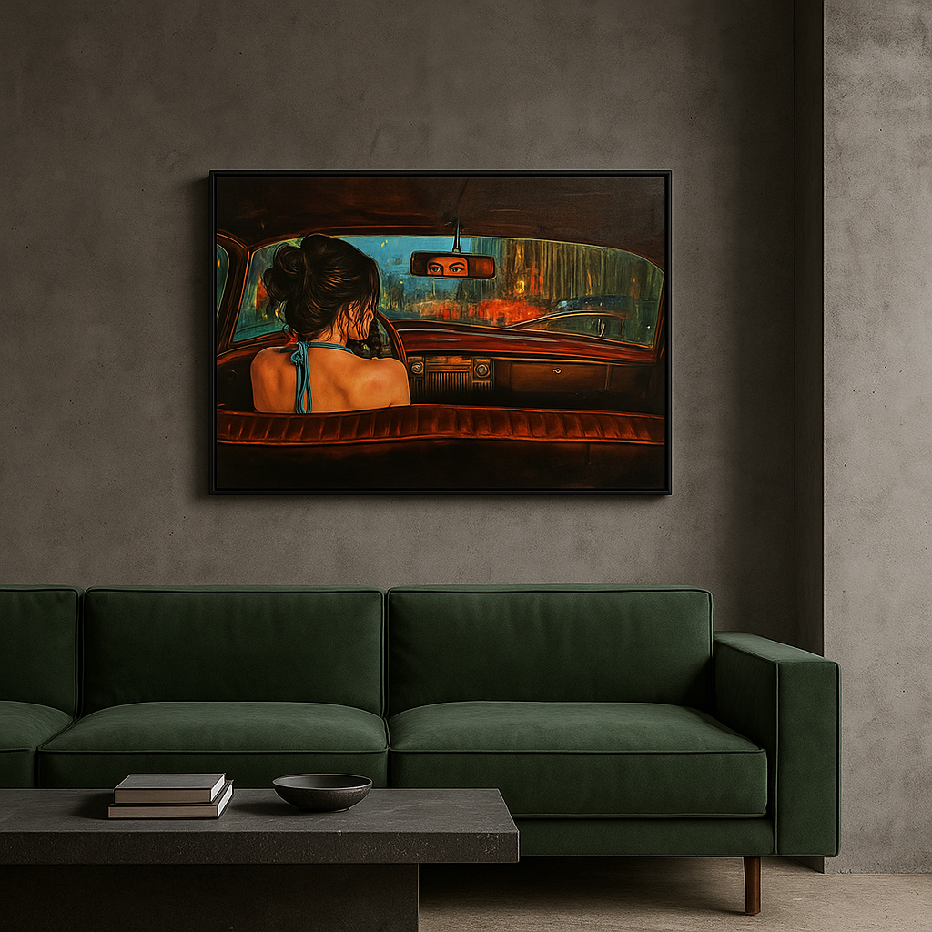 Rearview Muse – Woman Driving in the Rain Canvas Wall Art