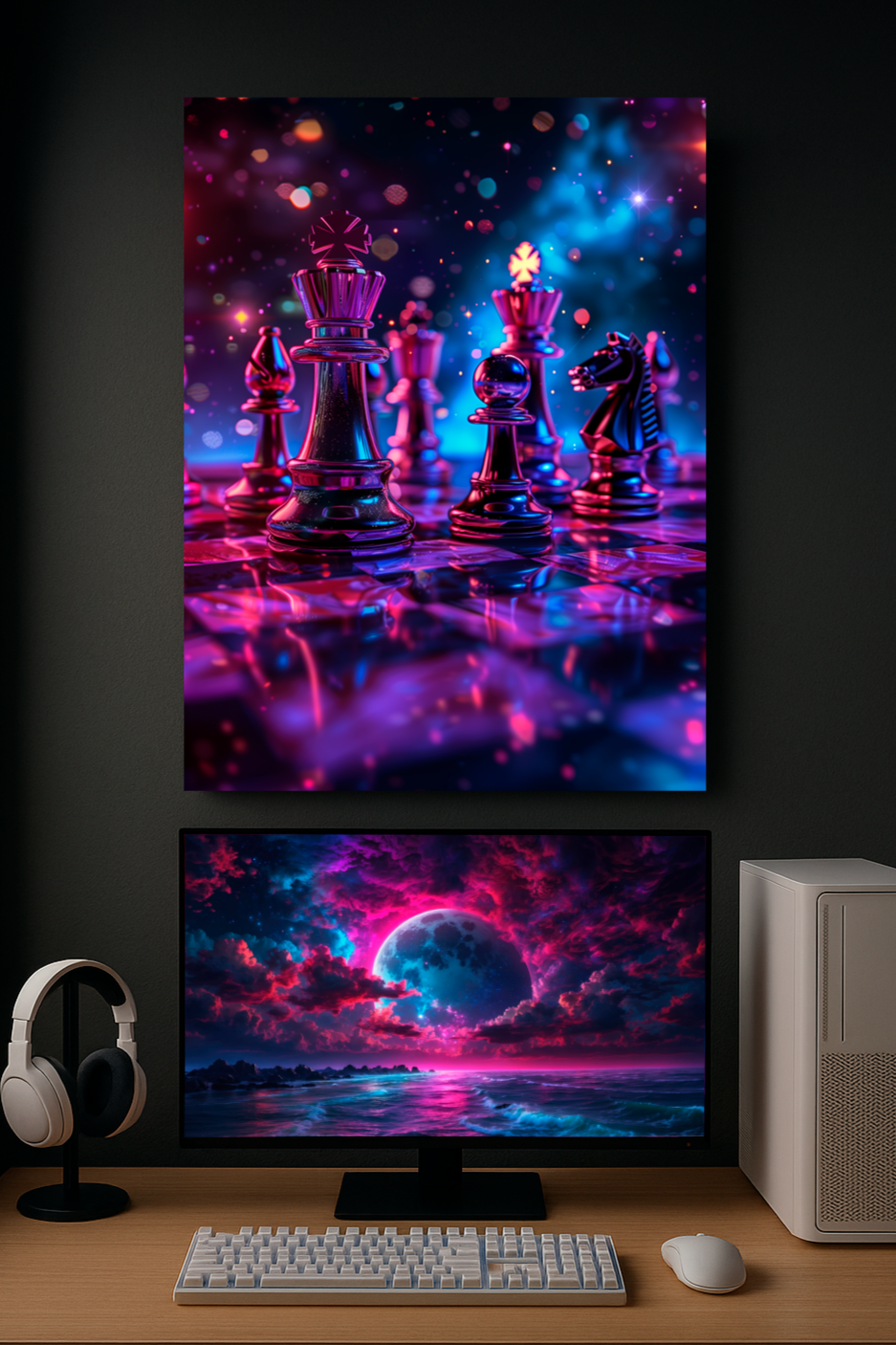 Cosmic Strategy — Surreal Neon Chess Canvas Print