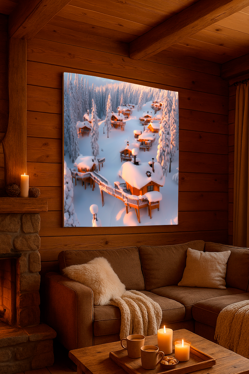 Winter Haven — Snowy Forest Cabins Canvas Print