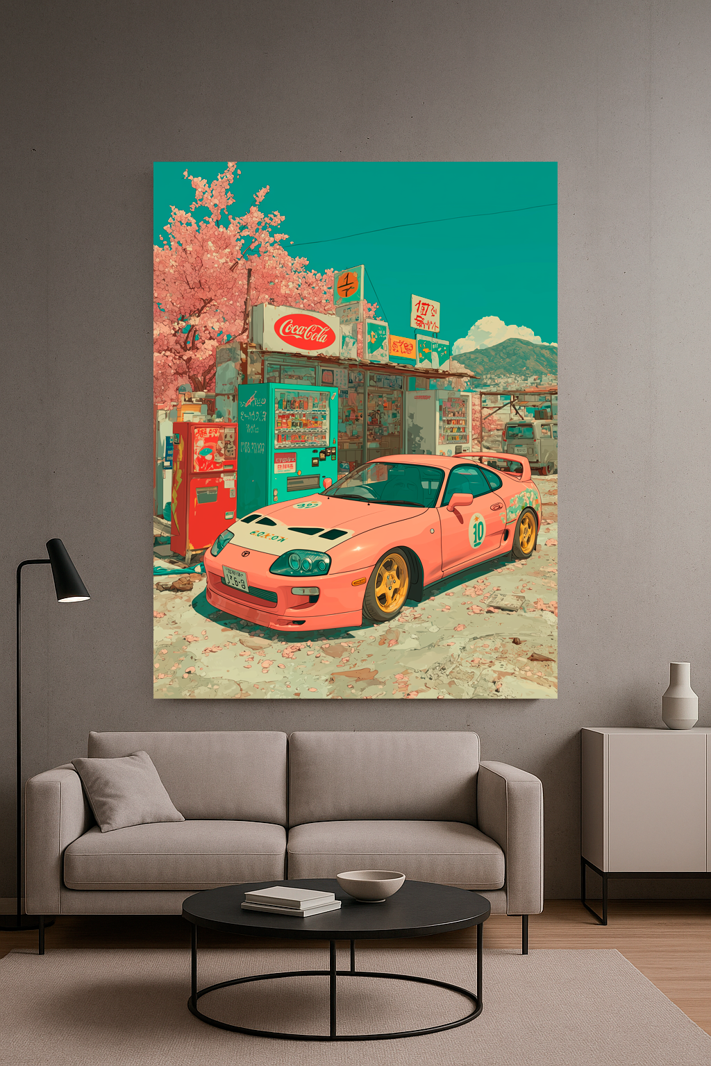 Anime Toyota Supra MK4 Wall Art – JDM Cherry Blossom Car Art, Japanese Retro Street Aesthetic