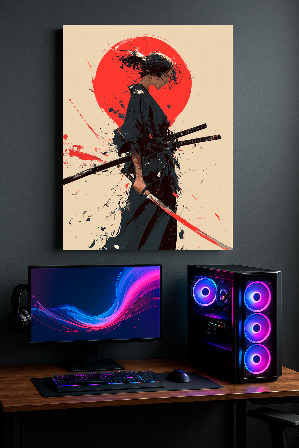 "Crimson Honor" — Female Samurai & Red Sun