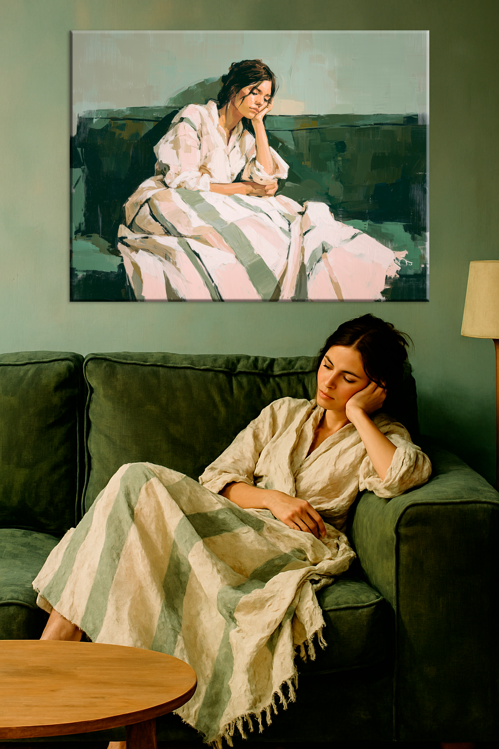 Muted Reverie – Minimalist Painting of a Woman on a Green Sofa