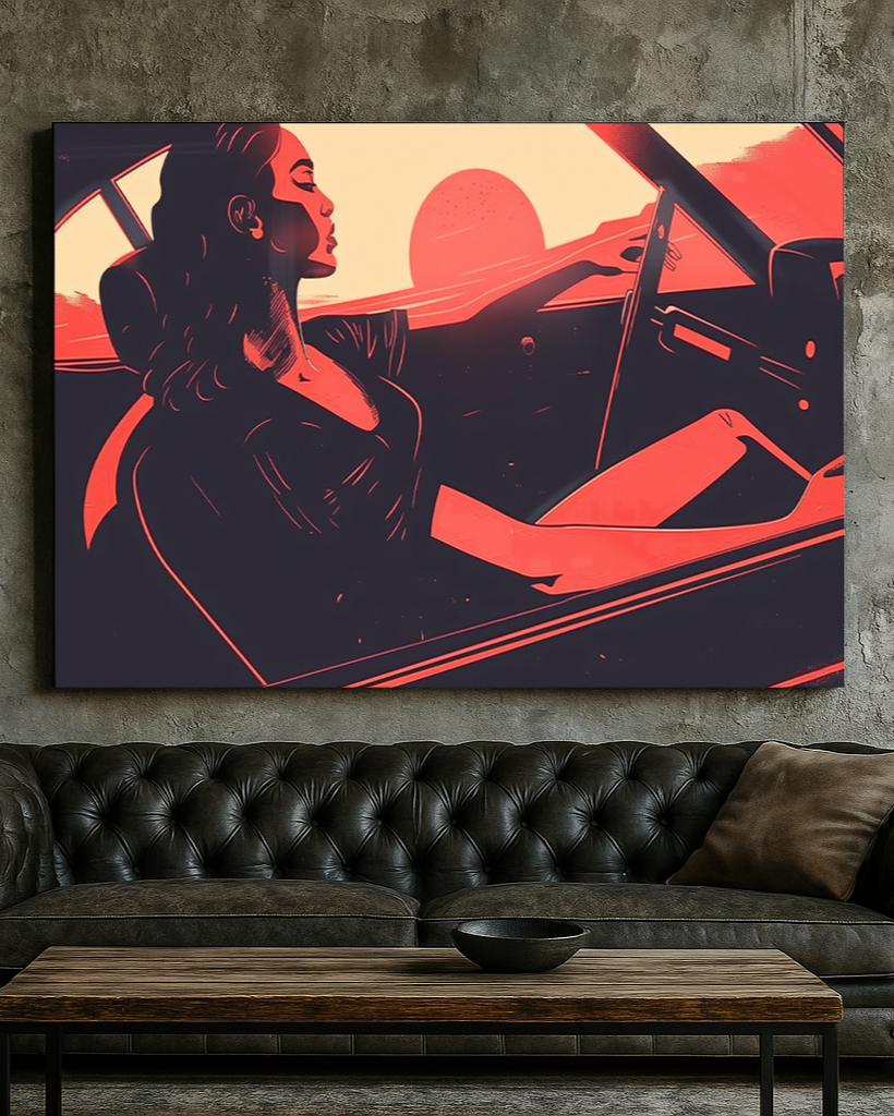 Modern interior with a black leather sofa, wooden coffee table, and a large abstract painting of a woman in a car on the wall.
