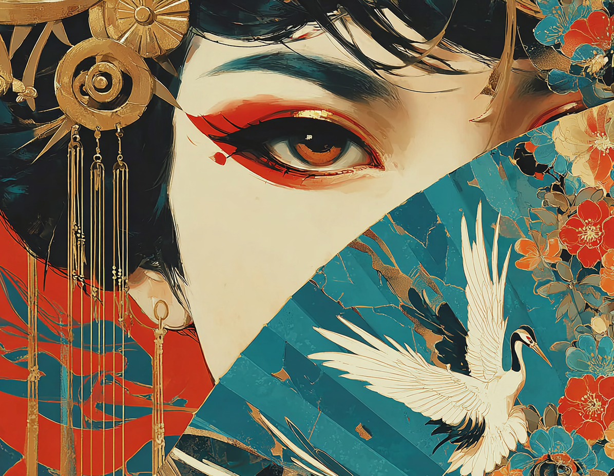 Golden Gaze – Geisha with Fan & Crane Canvas Wall Art