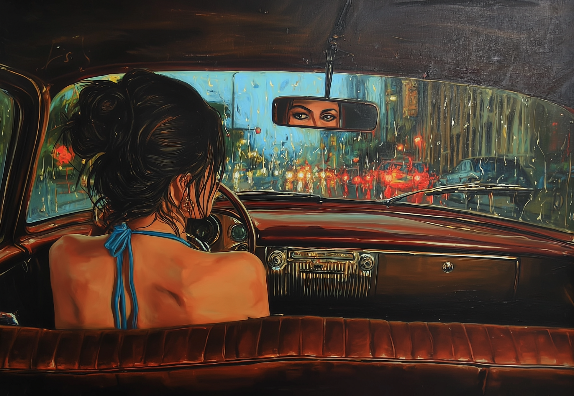 Rearview Muse – Woman Driving in the Rain Canvas Wall Art