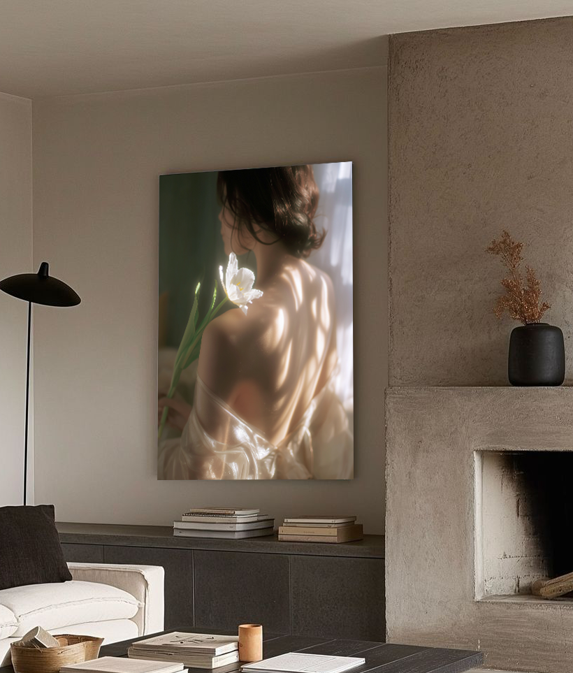 Whispered Bloom – Woman with White Tulip Canvas Wall Art
