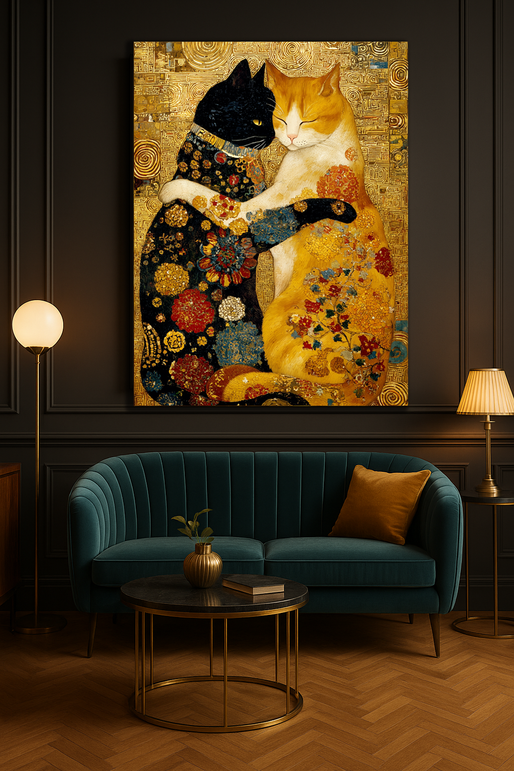 Golden Feline Embrace – Klimt-Style Cat Canvas Print