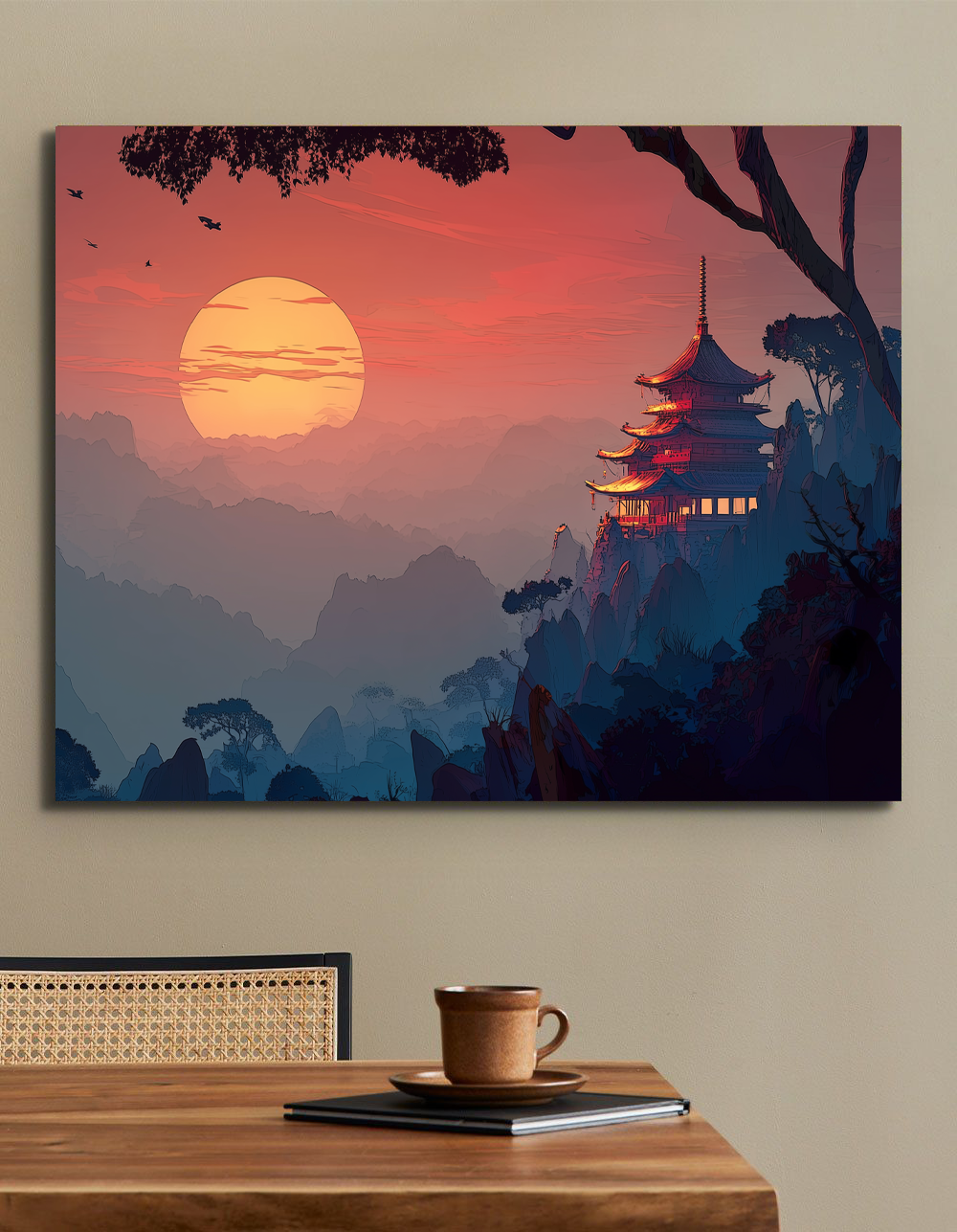 Mystic Sunset Over Mountain Temple – Digital Landscape Art