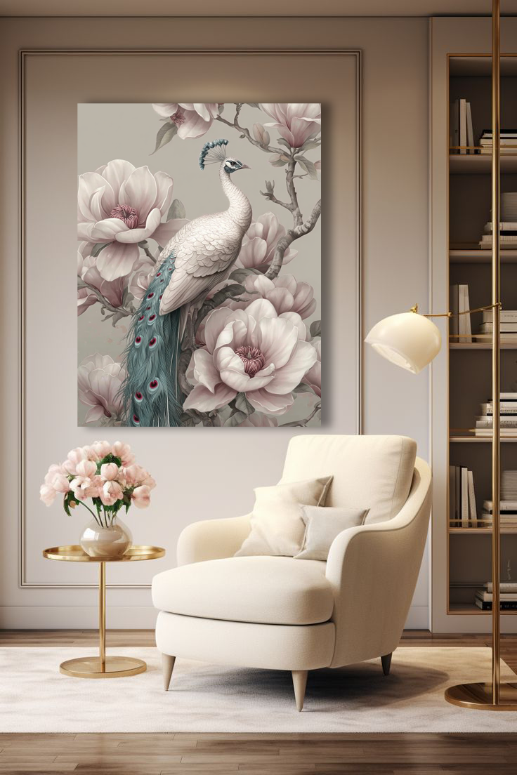 White Peacock Among Magnolias – Elegant Wall Art