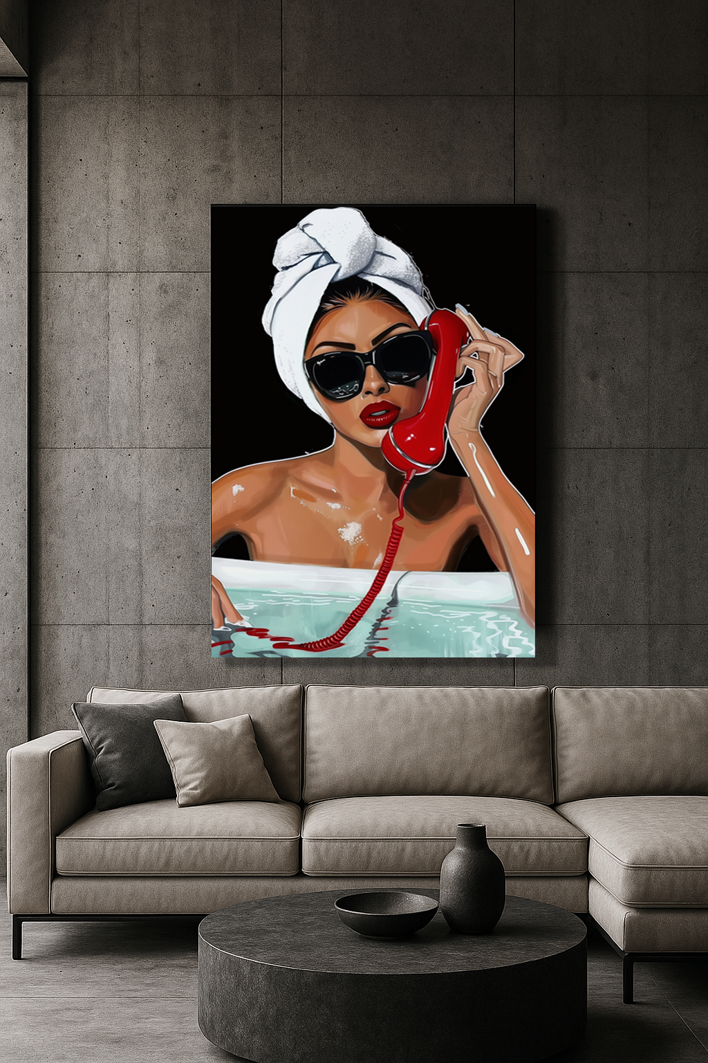 Hotline Luxe – Glamorous Woman in Bathtub with Red Phone Canvas Wall Art