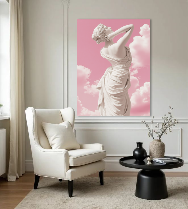 Marble Goddess Under Pink Sky – Neoclassical Surreal Wall Art