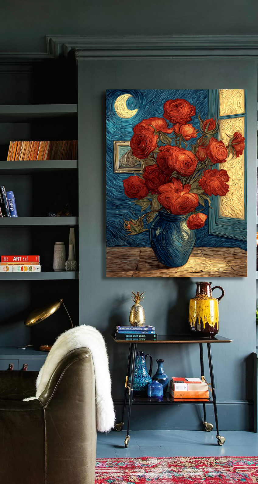 Crimson Bloom – Red Roses in Starry Night Style Canvas