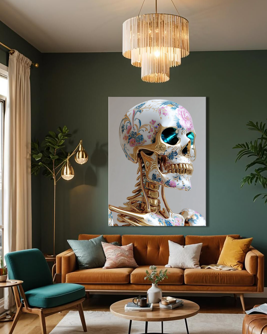 Golden Floral Skull Sculpture – Luxury Surreal Art Print