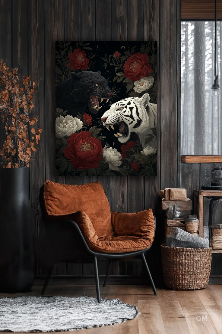 Roar of Duality – Panther & Tiger Floral Wall Art