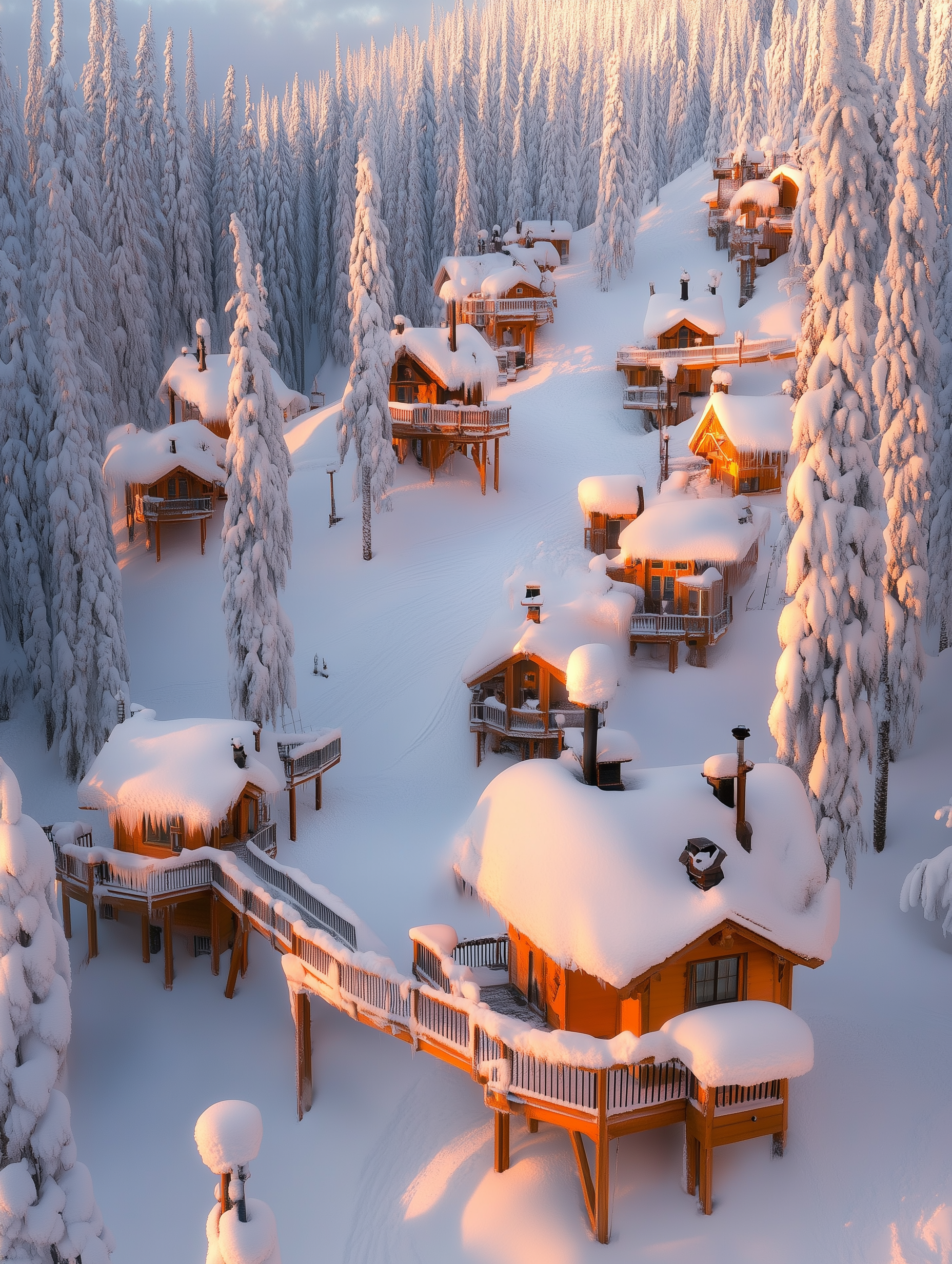 Winter Haven — Snowy Forest Cabins Canvas Print