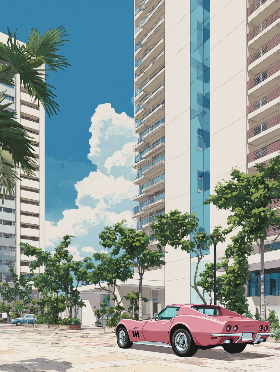 City Pop Summer — Pink Corvette by the Tower