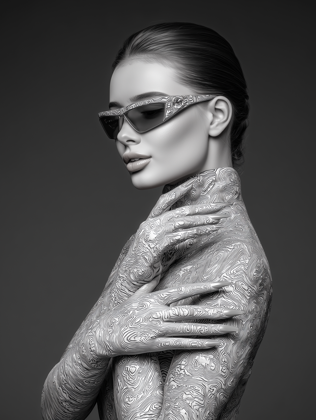 “Monochrome Flow” — Sculptural Fashion Portrait