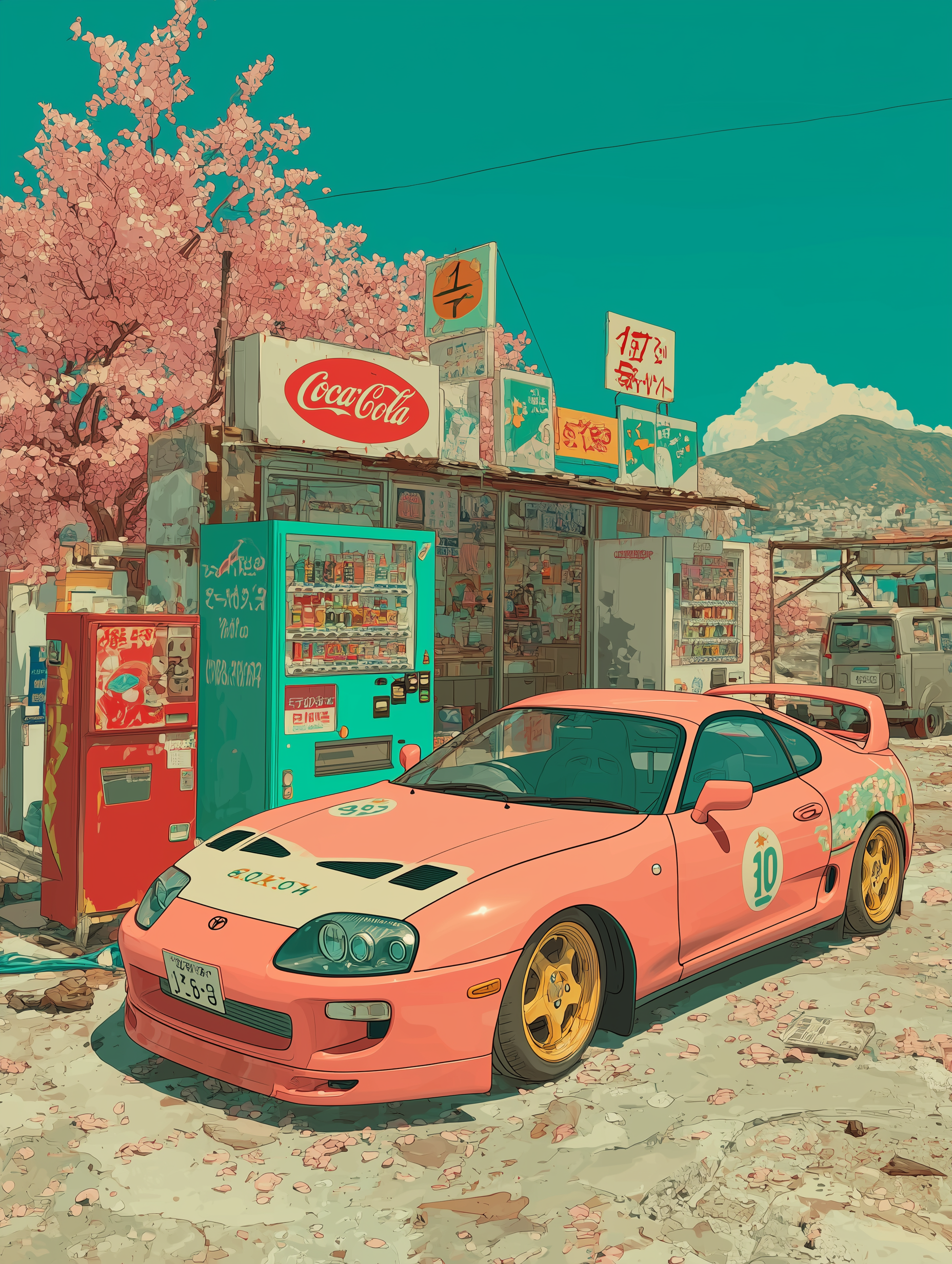 Anime Toyota Supra MK4 Wall Art – JDM Cherry Blossom Car Art, Japanese Retro Street Aesthetic