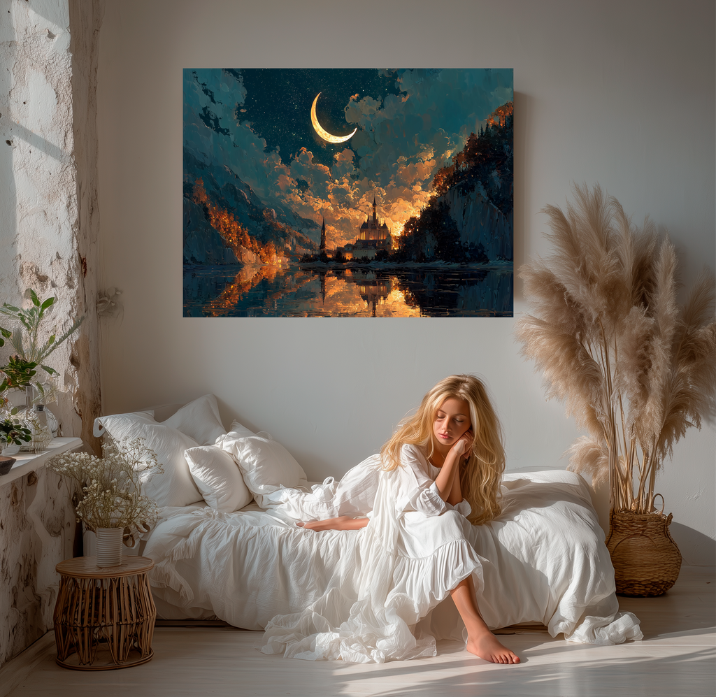 Woman in a white dress sitting on a bed in a room with a large painting of a mountain landscape with a crescent moon.