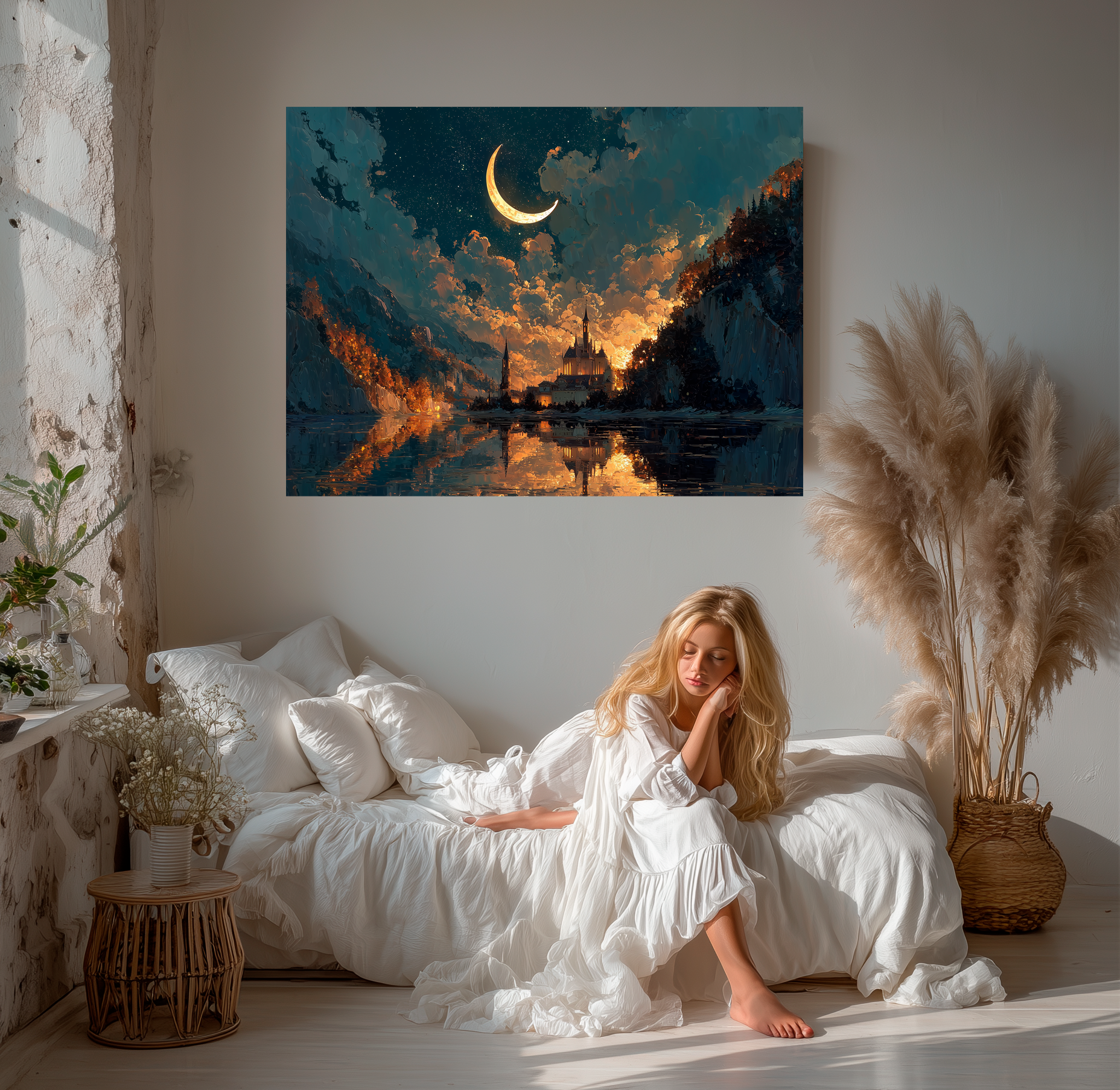 Woman in a white dress sitting on a bed in a room with a large painting of a mountain landscape with a crescent moon.