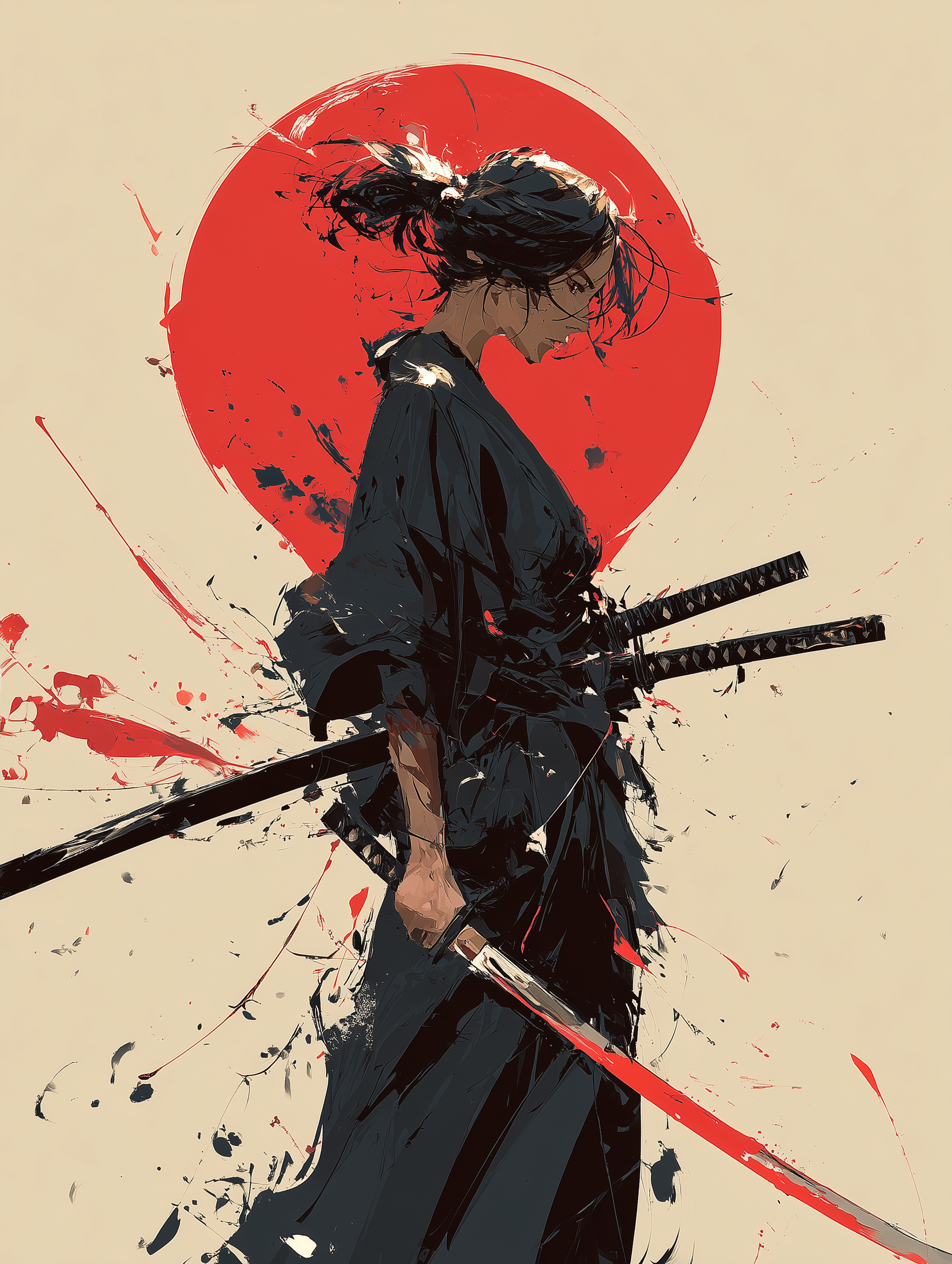 "Crimson Honor" — Female Samurai & Red Sun