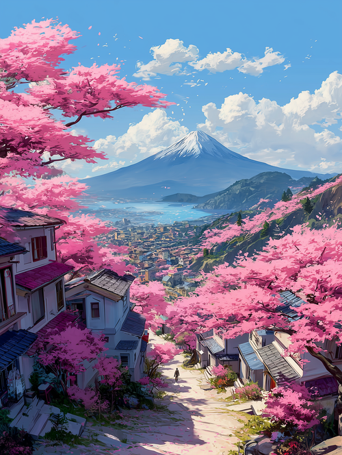 "Blossom Path to Fuji" — Cherry Blossom Street & Mount View