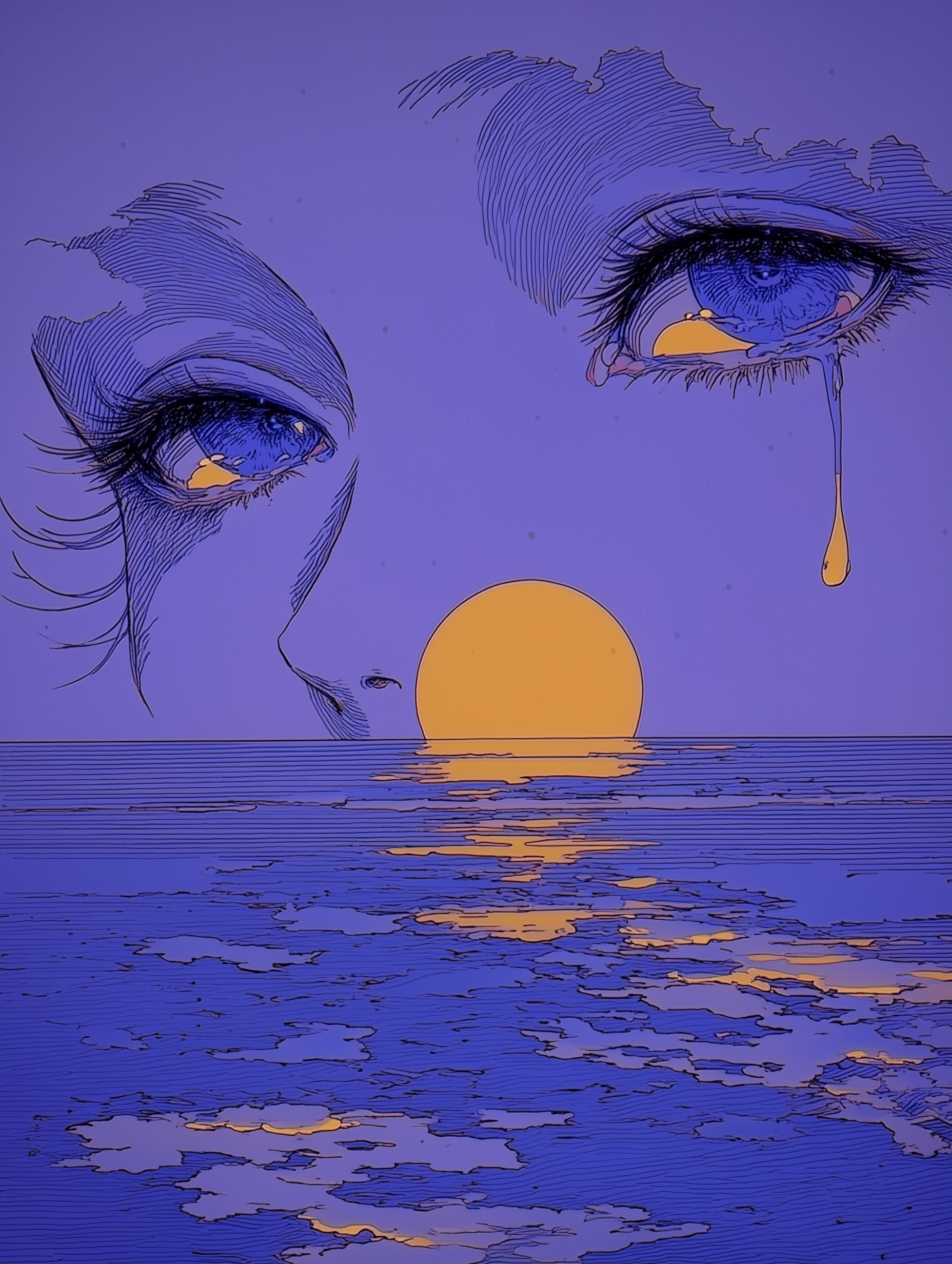 “Tears of Dusk” — Surreal Sunset & Eyes Illustration