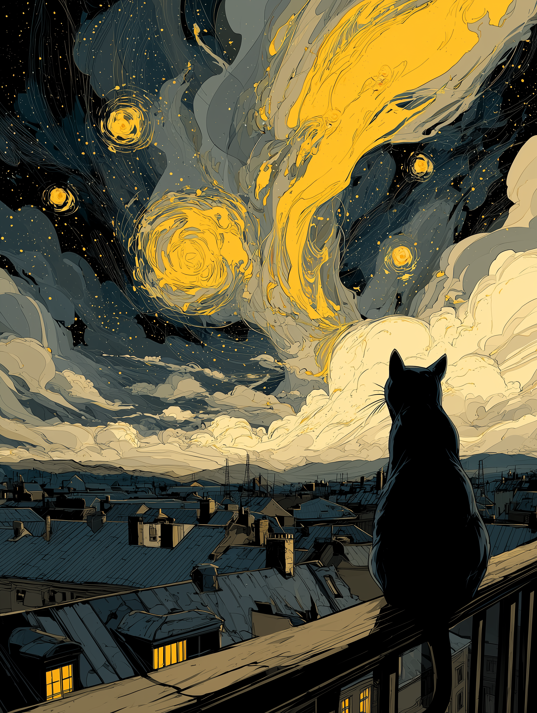 "City of Stars" — Night Cat & Swirling Sky