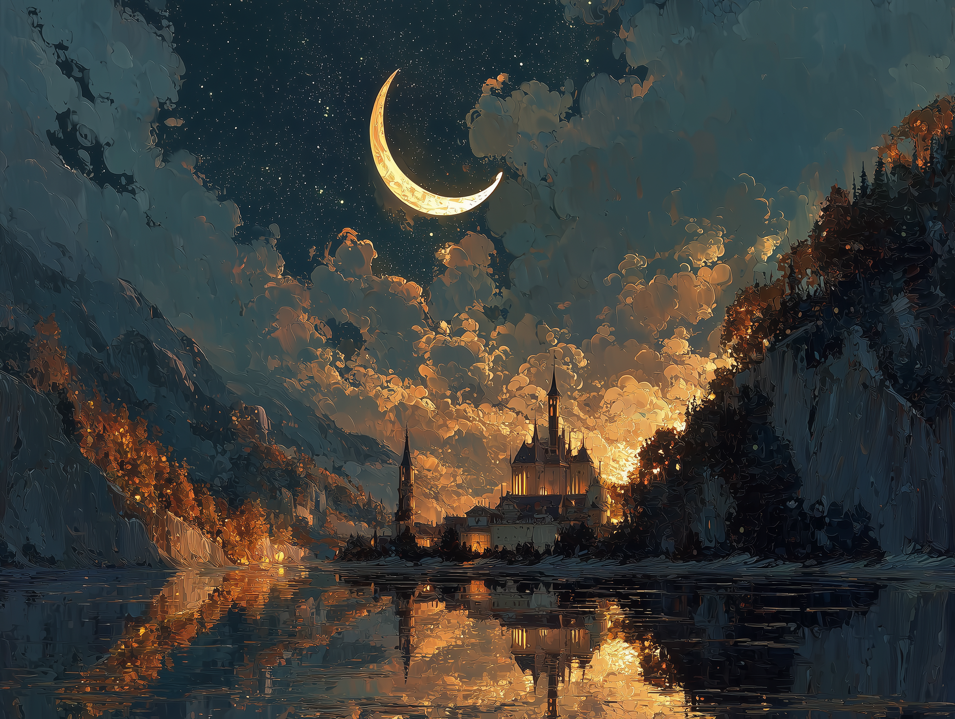 "Moonlit Sanctuary" — Fantasy Castle & Crescent Moon