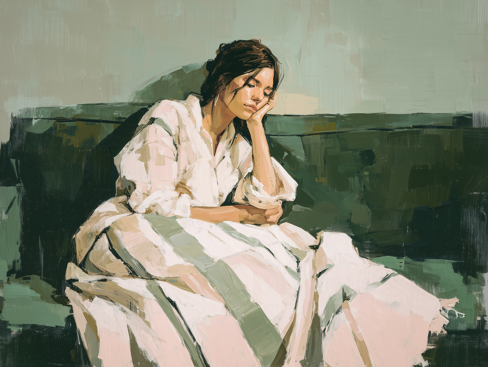 Muted Reverie – Minimalist Painting of a Woman on a Green Sofa