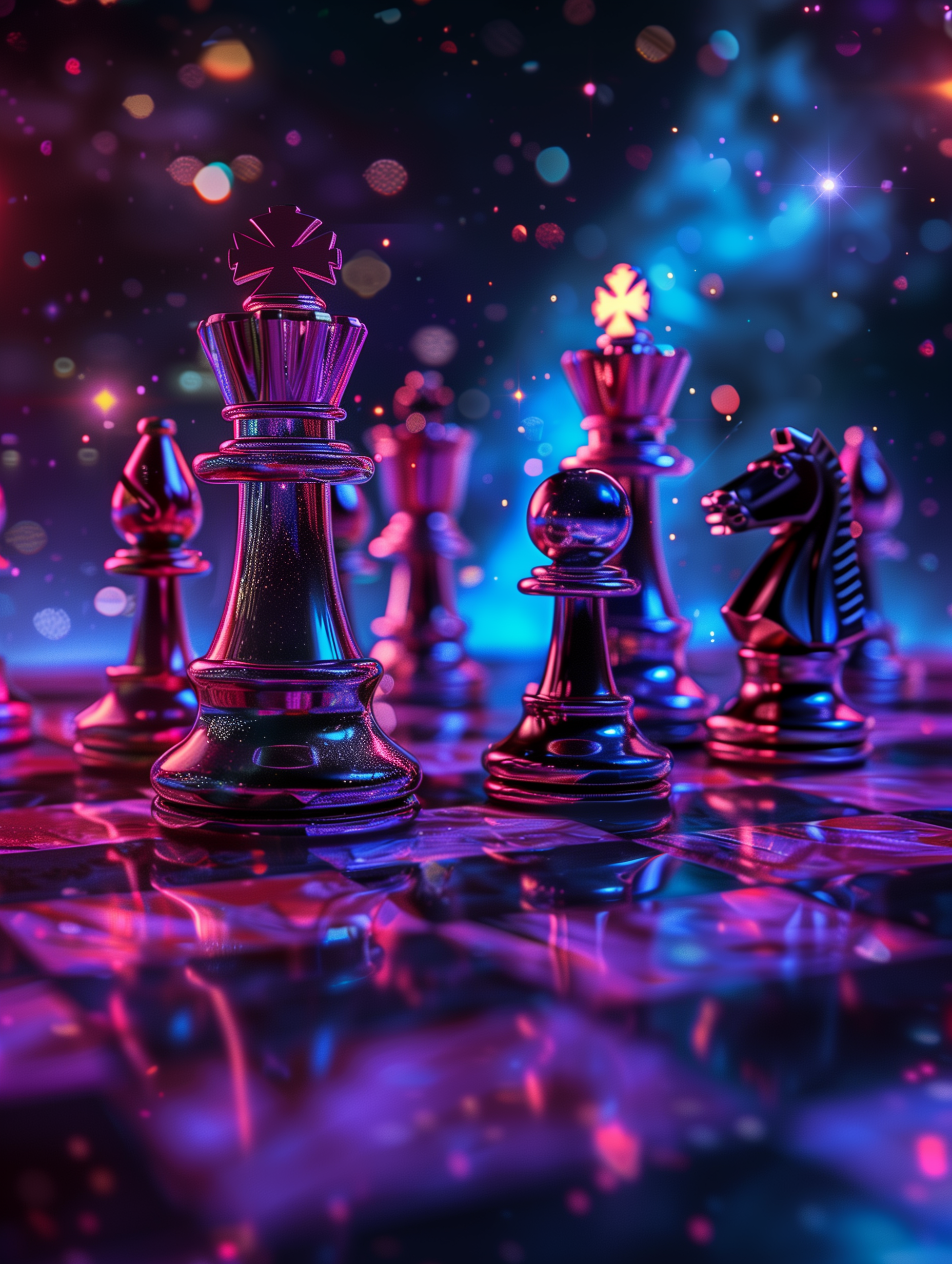 Cosmic Strategy — Surreal Neon Chess Canvas Print