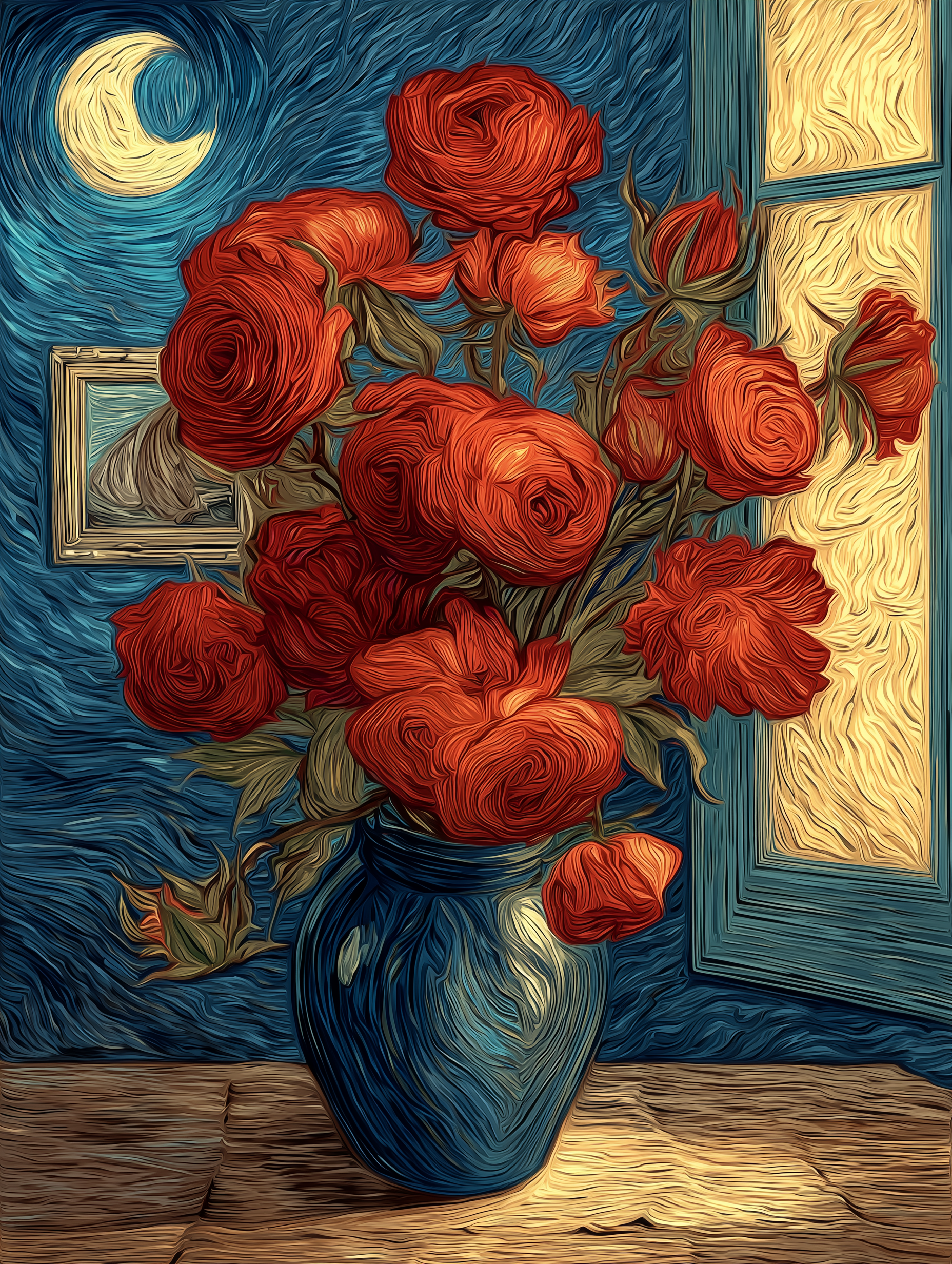Crimson Bloom – Red Roses in Starry Night Style Canvas