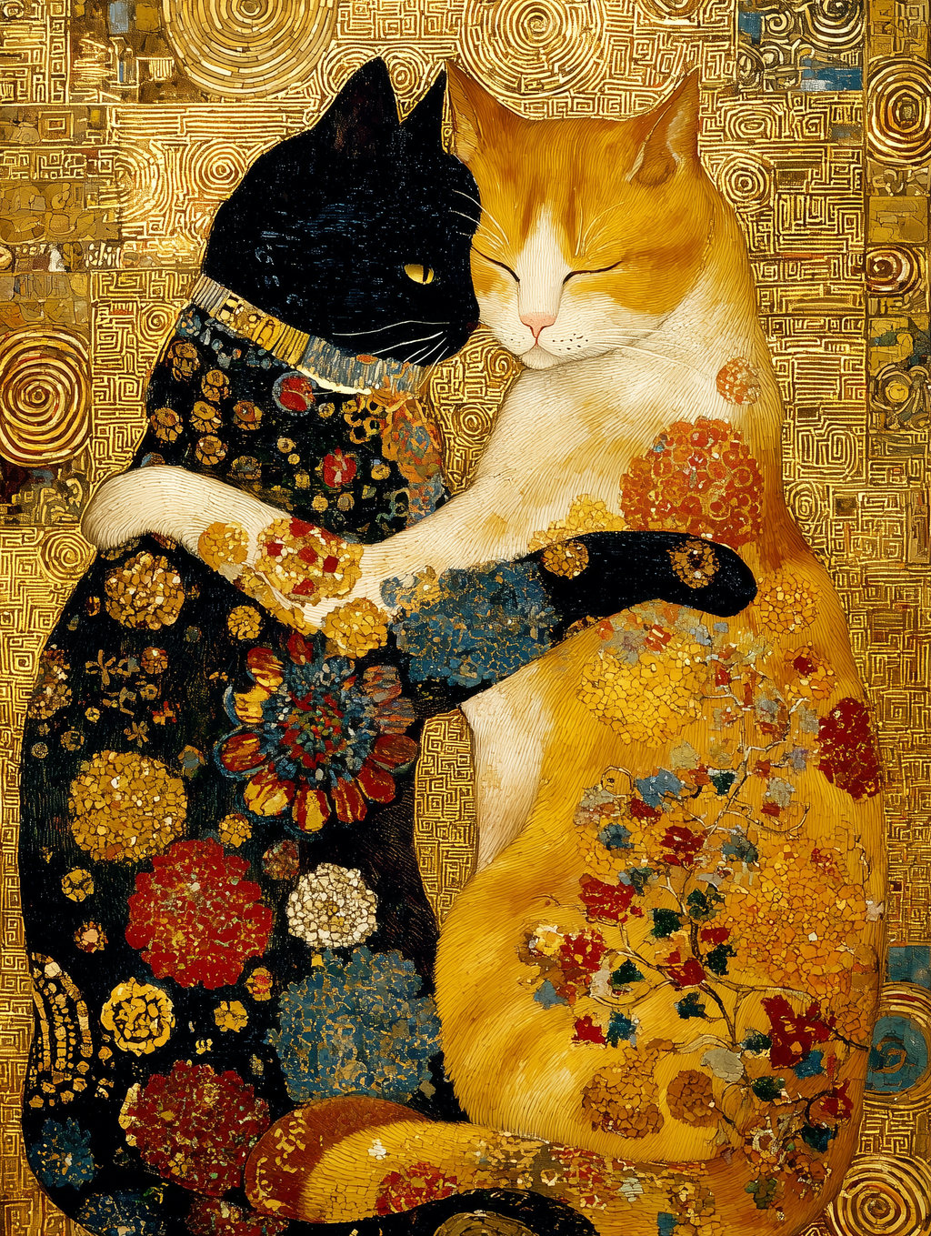 Golden Feline Embrace – Klimt-Style Cat Canvas Print