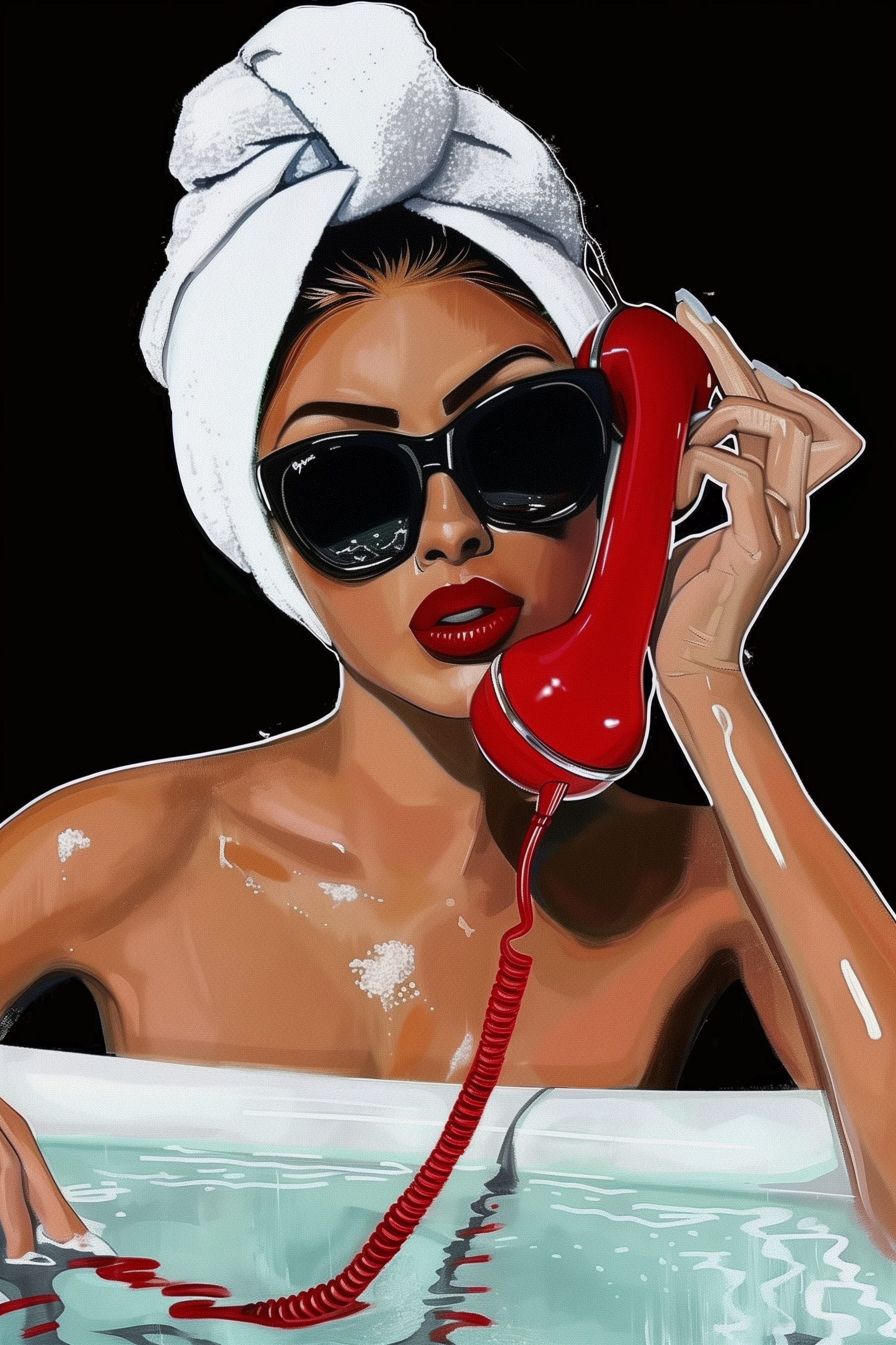 Hotline Luxe – Glamorous Woman in Bathtub with Red Phone Canvas Wall Art