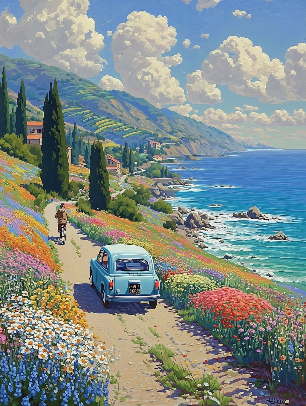 Coastal Journey – Vintage Car by the Sea Canvas Wall Art
