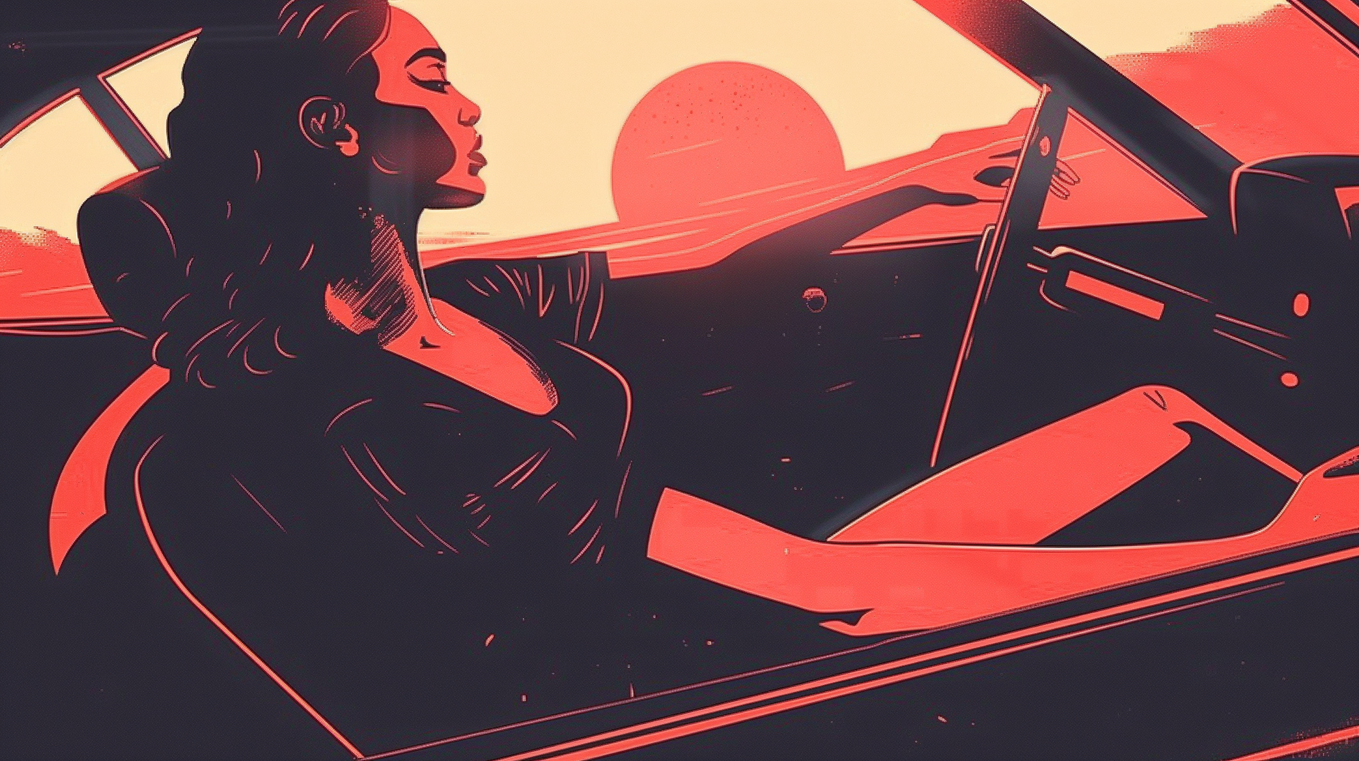Sunset Drive – Retro Woman in Car Wall Art