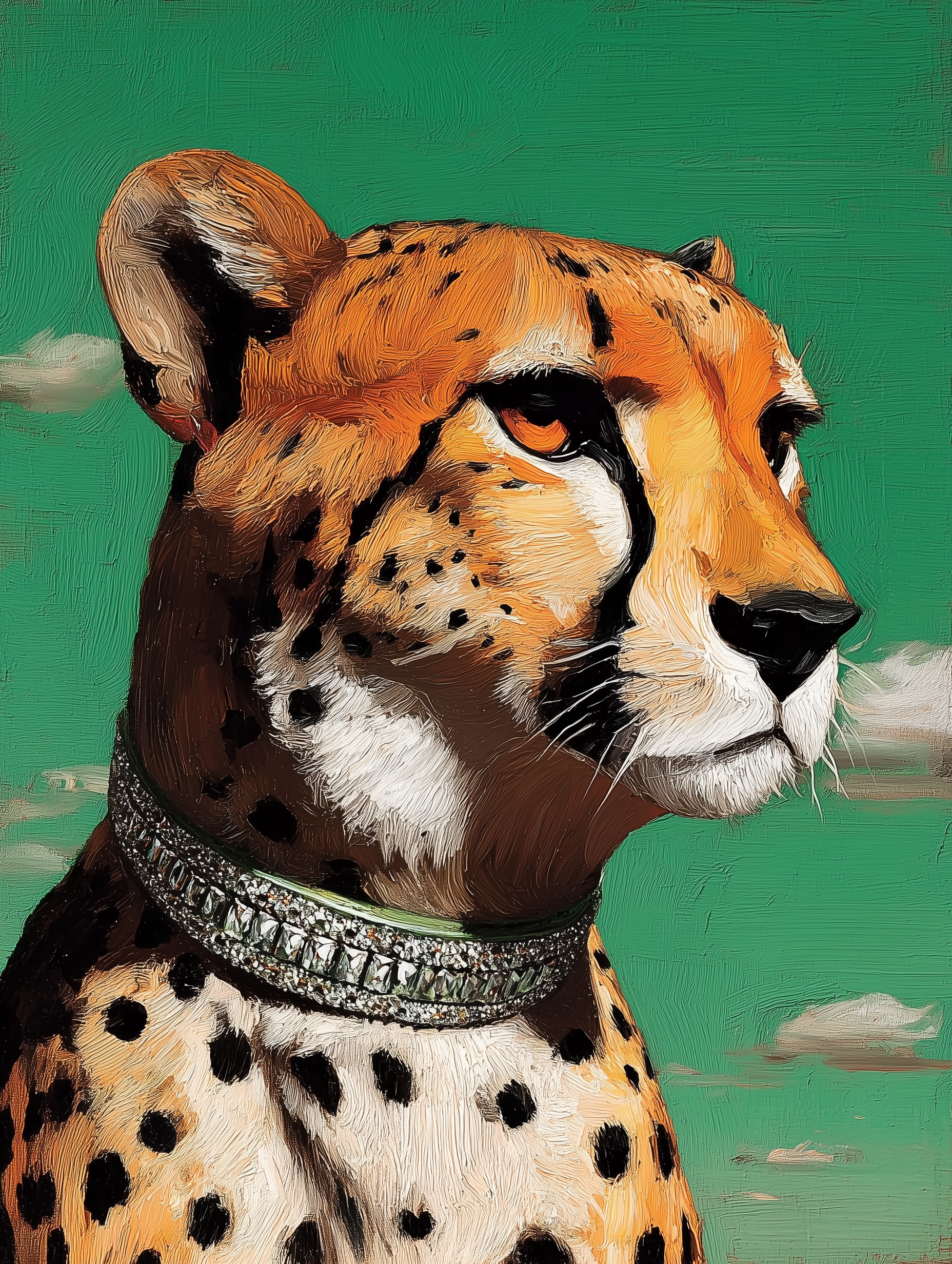 Cheetah Elegance – Oil Painting with Sky Background