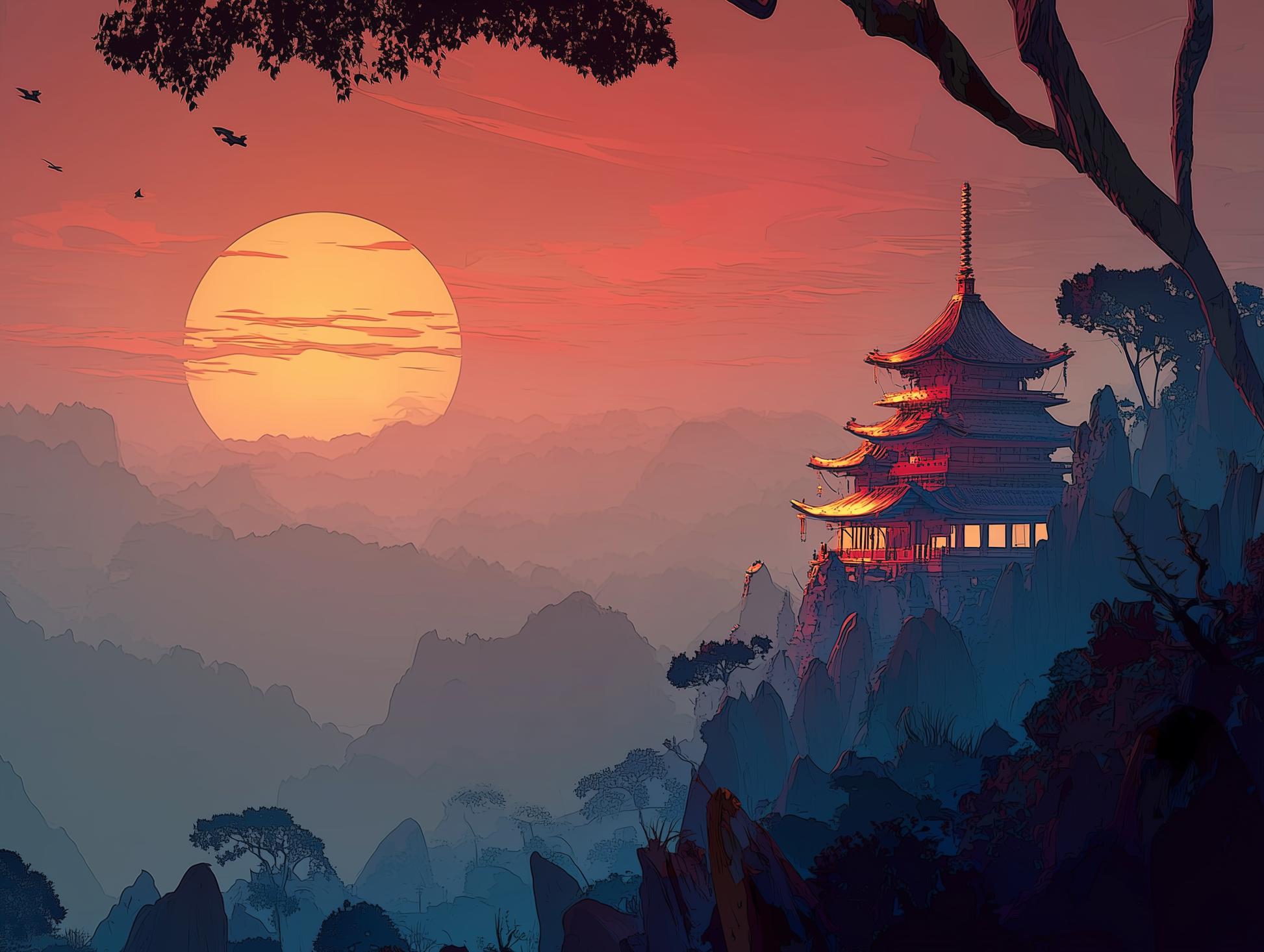 Mystic Sunset Over Mountain Temple – Digital Landscape Art