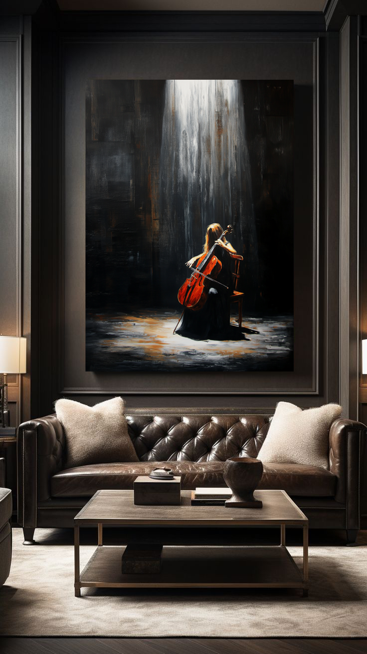 Cello Under Spotlight – Dramatic Musician Oil Painting